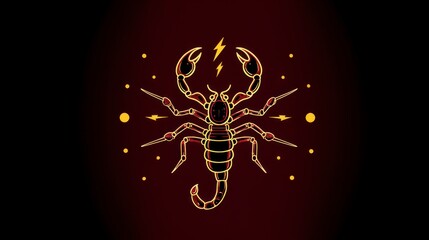 Illuminated, stylized scorpion graphic with electric bolts, set against a dark, gradient background with circular elements