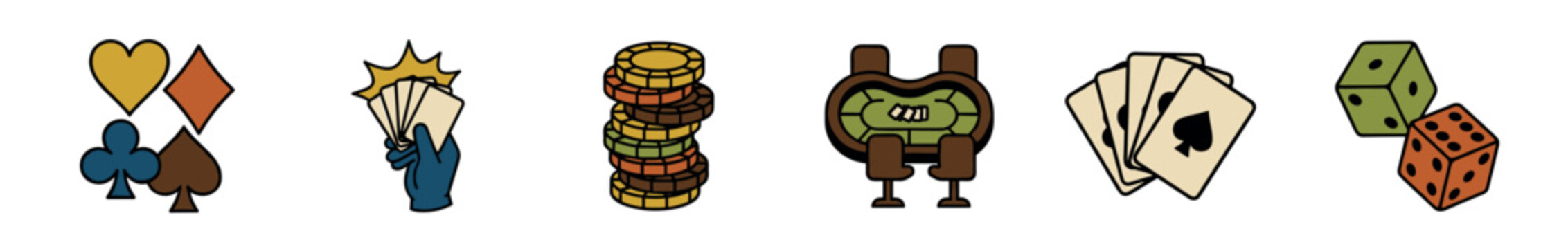 Set of colorful retro gambling icons featuring card suits, a winning hand, poker chips, a gaming table, playing cards, and dice in a vintage cartoon illustration style