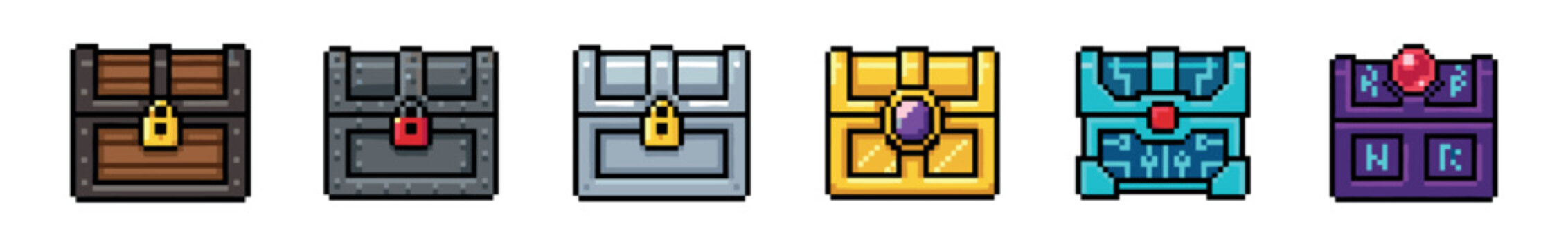 Pixel art video game treasure chests set showing a progression from a simple wooden box to a magical epic loot container with gems and runes for a fantasy RPG interface