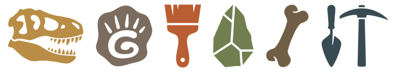 Naklejka premium Set of paleontology and archaeology icons featuring a dinosaur skull, ammonite fossil, bone, stone tool, brush, and excavation tools in a flat, minimalist vector style illustration