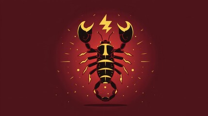 A stylized scorpion illustration with vibrant gold and black accents on a deep red background. The design includes lightning