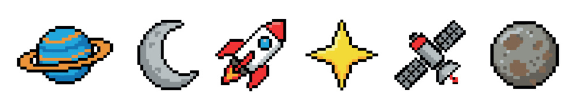 Set of colorful pixel art space icons featuring a ringed planet, crescent moon, rocket ship, star, satellite, and a cratered moon in a retro 8-bit video game style