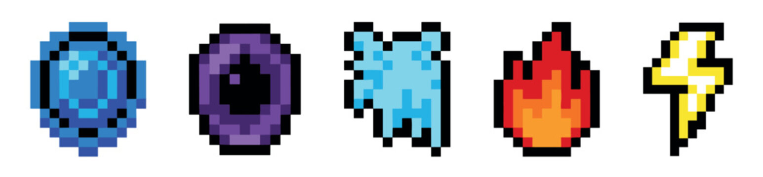 Pixel art magic spell icons collection featuring elemental powers like water, fire, lightning, a mana crystal, and a void portal for a fantasy RPG video game design