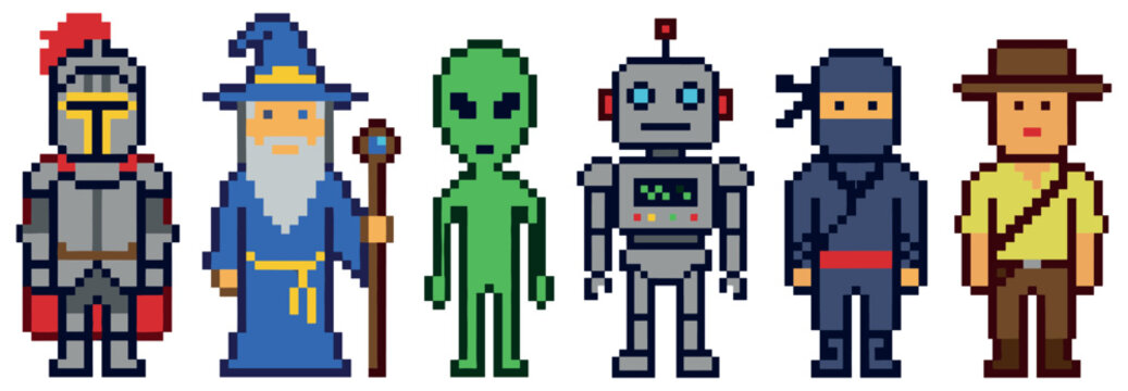 Set of six pixel art characters including a knight, wizard, alien, robot, ninja, and adventurer, designed in a colorful retro 8-bit video game style for creative projects