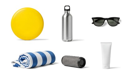Summer essentials ball bottle sunglasses towel and cream