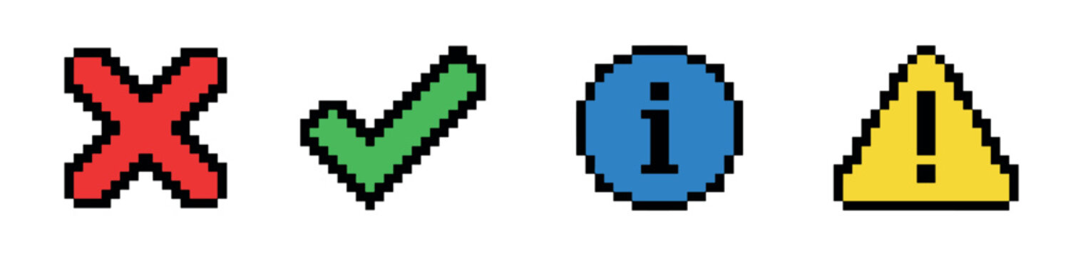 Pixel art icon set with checkmark, cross, information, and warning symbols in a retro 8-bit video game style for user interface design elements and notifications