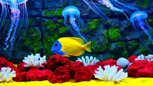 Vibrant underwater aquarium scene features glowing blue jellyfish swimming above a bright yellow tang fish surrounded by red and white coral formations