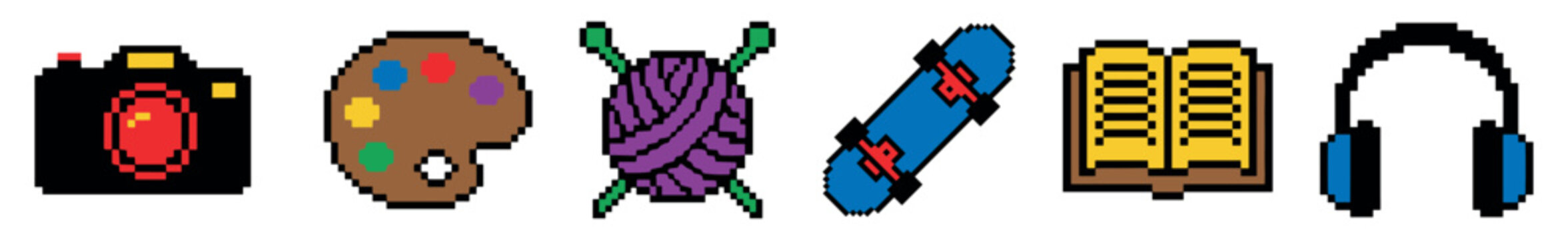 Collection of six pixelated hobby icons including a camera, artist palette, yarn, skateboard, book, and headphones, rendered in a vibrant and nostalgic 8-bit video game style