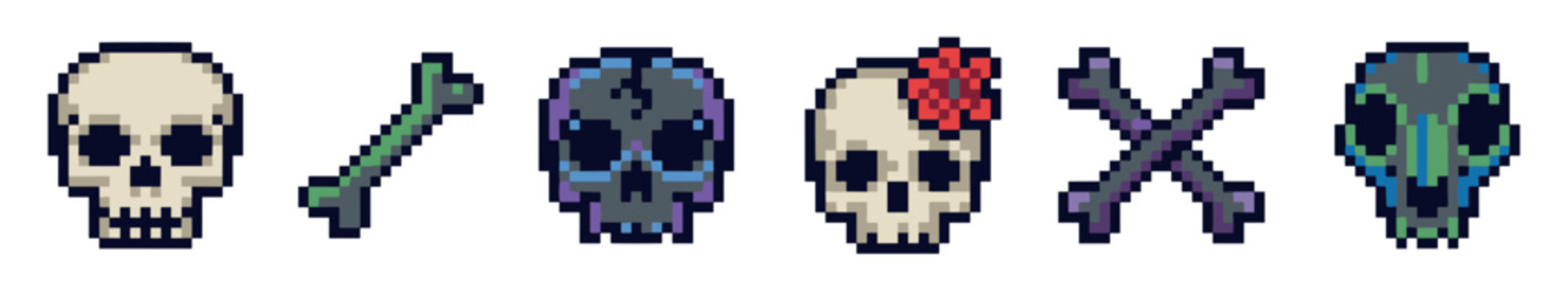 Pixel art set of various skulls and bones icons, including human, animal, and decorated craniums for a retro 8-bit video game or Halloween themed design project