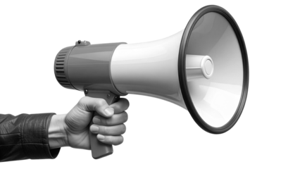 A hand holds a red megaphone, isolated on transparent background