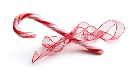 Classic peppermint candy cane with swirling red and white stripes, elegantly adorned with a flowing sheer red mesh ribbon bow, isolated on a clean white background. Perfect Christmas sweet.
