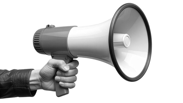 A hand holds a red megaphone, isolated on transparent background