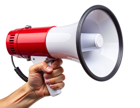 A hand holds a red megaphone, isolated on transparent background