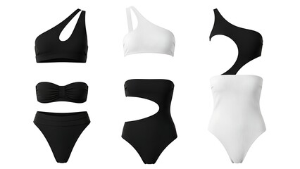 Swimsuits collection black and white designs isolated on white