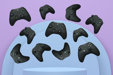 Colorful gaming controllers joystick levitating over podium against abstract background, minimalist concept device on pedestal