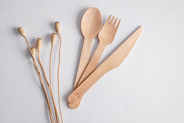 Eco friendly wooden cutlery with dry grass on white background