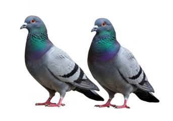 Two racing pigeons standing side by side with iridescent feathers on transparent background