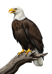 Naklejka premium Majestic American Bald Eagle Perched on Weathered Wooden Branch on transparent background