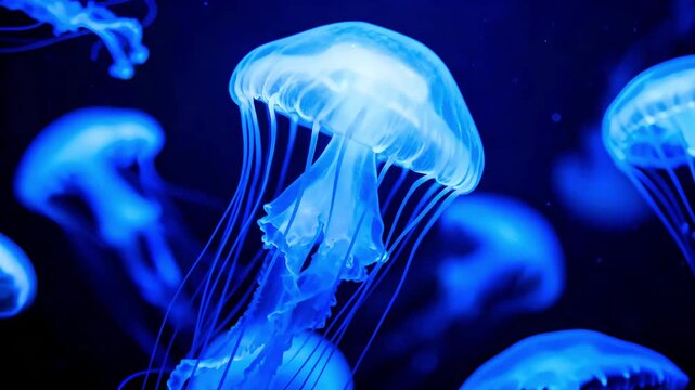 Bioluminescent blue jellyfish drift gracefully through dark ocean depths creating an ethereal underwater spectacle of marine life