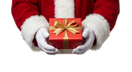 Santa Claus Hands Holding Christmas Gift Box Isolated on White Background