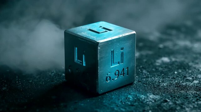 Metallic cube with engraved lithium symbol standing on wet surface with vapor mist