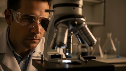 Scientist Examining Sample Under Microscope in Lab.