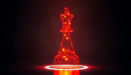 Red wireframe chess king with glowing nodes and a bright red circular base game strategy