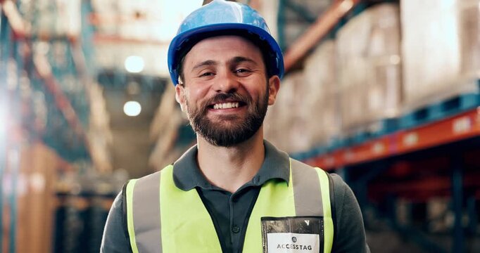 Face, helmet and logistics with man in warehouse for delivery, distribution or shipping. Safety, supply chain and quality control with happy person in storage depot for import or export management