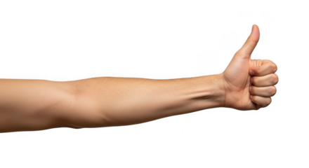 Closeup of a human arm with thumb raised in a thumbsup gesture isolated on transparent background