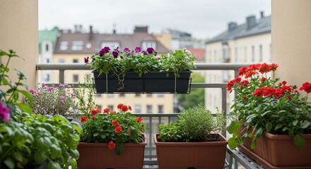 Naklejka premium Urban Balcony Garden with Vibrant Flowers and Herbs
