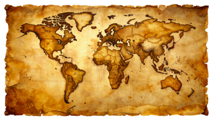 Aged world map on parchment, isolated on transparent background