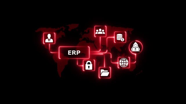 Enterprise Resource Planning system network diagram with glowing icons for business growth finance communication global reach security and innovation on a digital world map background