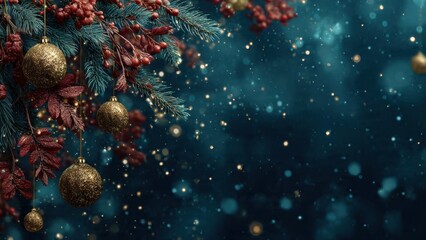 Luxurious dark teal Christmas background with glitter gold baubles, evergreen branches, and red winter berries. Festive holiday border and sparkling bokeh with copy space.