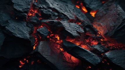 Volcanic gradients of molten red fade into deep charcoal across jagged stone textures Razor-sharp edges capture shadows with