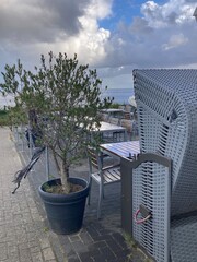 Strandkorb mit Pflanzen auf Terrasse, mediterran und der Nordsee in Cuxhaven an der Nordsee mit...
