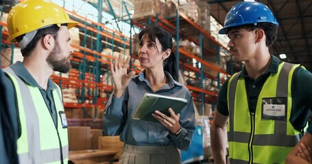 People, manager and talking with tablet in warehouse for logistics, supply chain and inventory. Staff, teamwork and discussion with digital for inspection, delivery feedback and shipping information