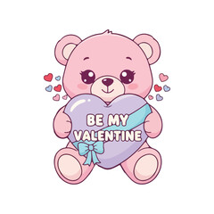 Fototapeta premium Cute Kawaii Pink Teddy Bear Holding Purple Heart With Ribbon Be My Valentine Illustration Design