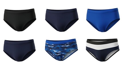 Swimwear collection assortment of colorful swim briefs isolated