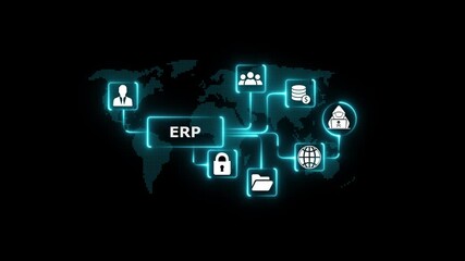 Enterprise Resource Planning system network diagram with glowing icons for business growth finance communication global reach security and innovation on a digital world map background