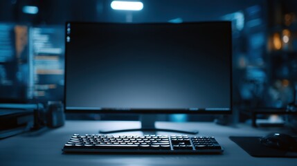 Laptop on desk in dim room, night work and cybersecurity concept