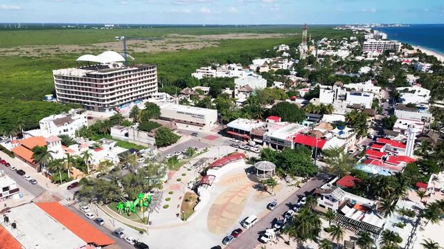 Fundadores Park (Parque Fundadores) In Puerto Morelos, Quintana Roo, Mexico. Aerial Descending Shot
