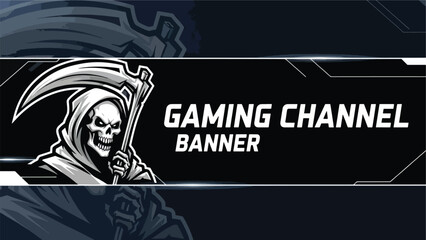 Professional gaming channel banner design featuring an intimidating grim reaper skull