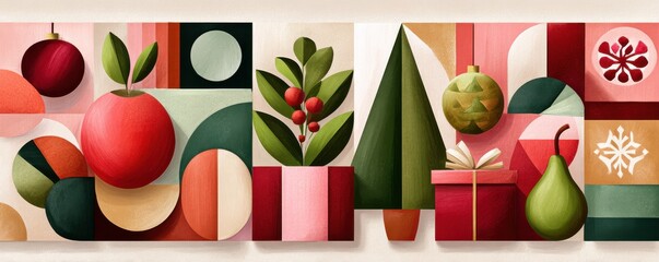 Colorful geometric Christmas scene with ornaments, gifts, and greenery for festive home decor and celebrations
