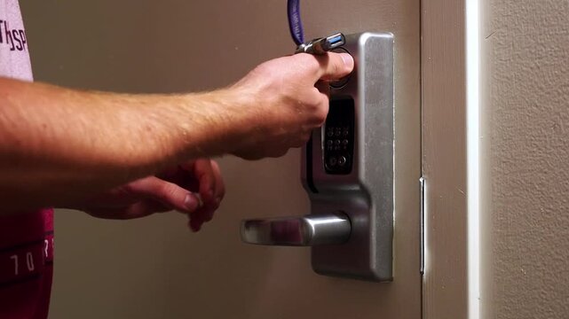 A person attempts to unlock a door using a physical key and fails on the first try, then successfully unlocks and opens the door on the second attempt. A keypad feature is visible on the lock.