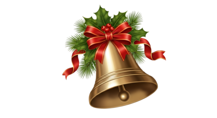 Golden bell with holly and ribbon