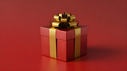 Obraz premium Luxury Red Gift Box with Gold Ribbon and Bow on Red Background with Copy Space