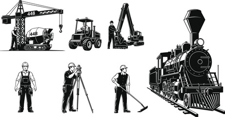 Industrial workers and heavy machinery silhouettes featuring crane, excavator, forklift, surveyor, steam locomotive, construction labor scenes, flat vector  © SreeRupali