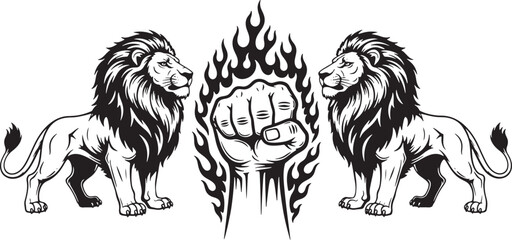 Fototapeta premium Twin Lion Power Fist Emblem Black and White Vector Illustration