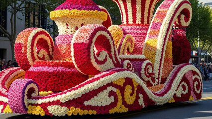 Ornate Floral Rose Parade Float Covered in Vibrant Blooms