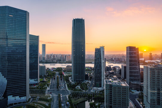 Shanghai Xuhui District Riverside Complex at Sunrise - Aerial City View